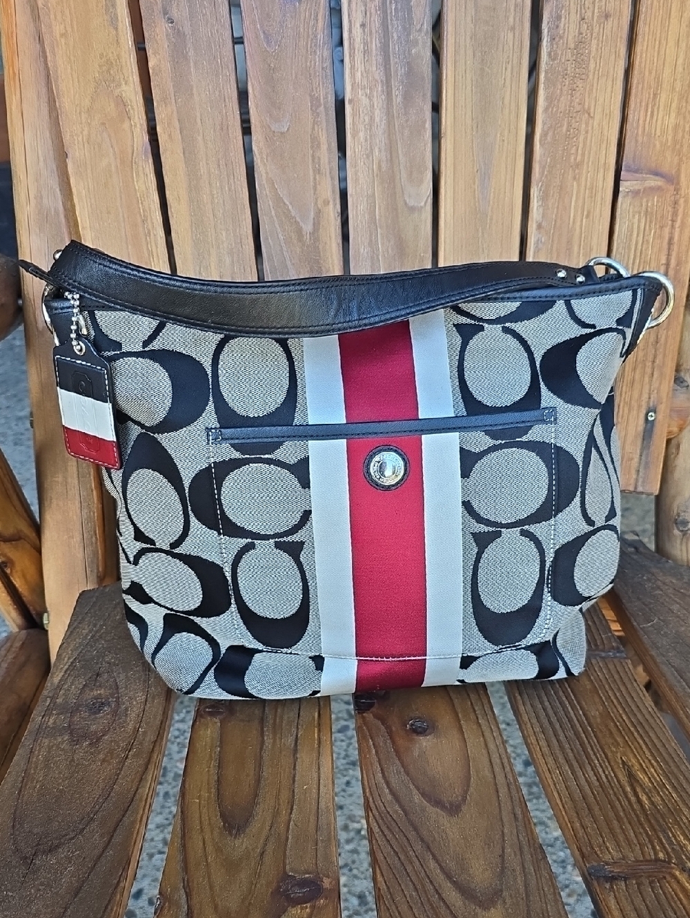 Coach Canvas Shoulder Bag in Red, Tan, Cream & Black. 14'W × 11' Tall. - Picture 15 of 16